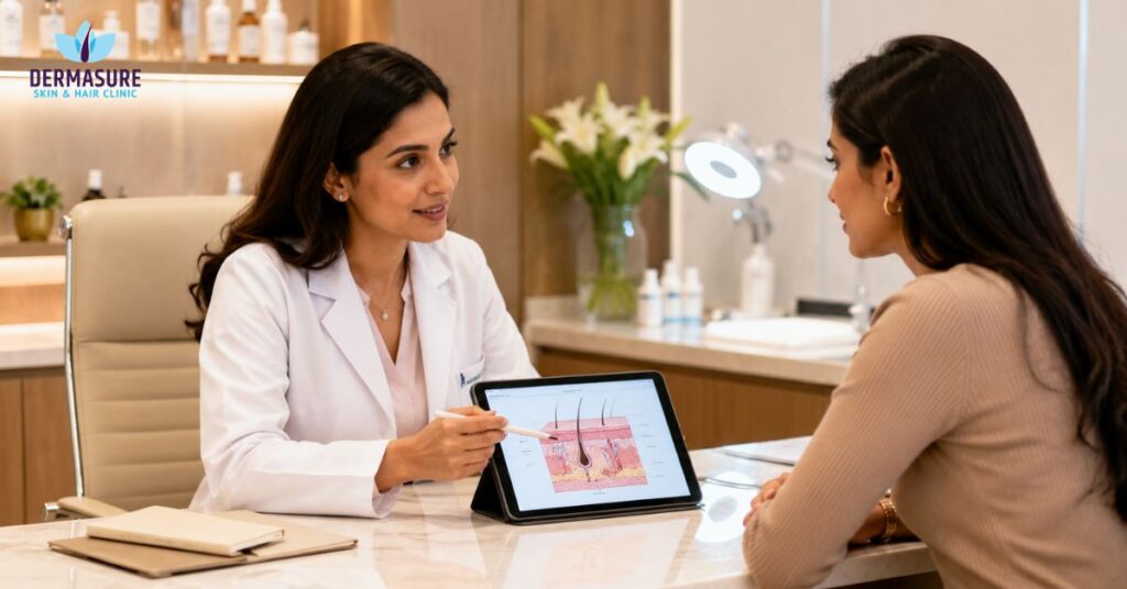Skin specialist examining acne-prone skin in South Delhi clinic