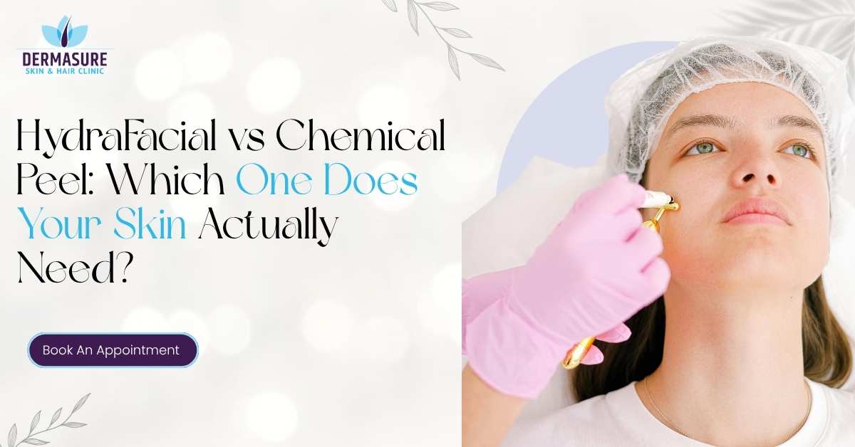 Consultation comparing HydraFacial and chemical peel at DermaSure in South Delhi